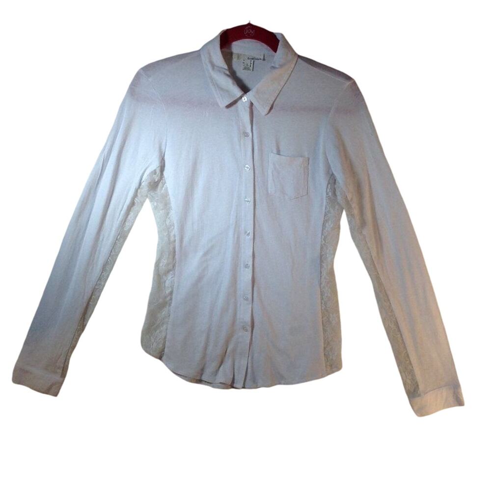 Derek Heart Women's White Lace-Detail Button-Down Shirt Size Large Romantic Chic